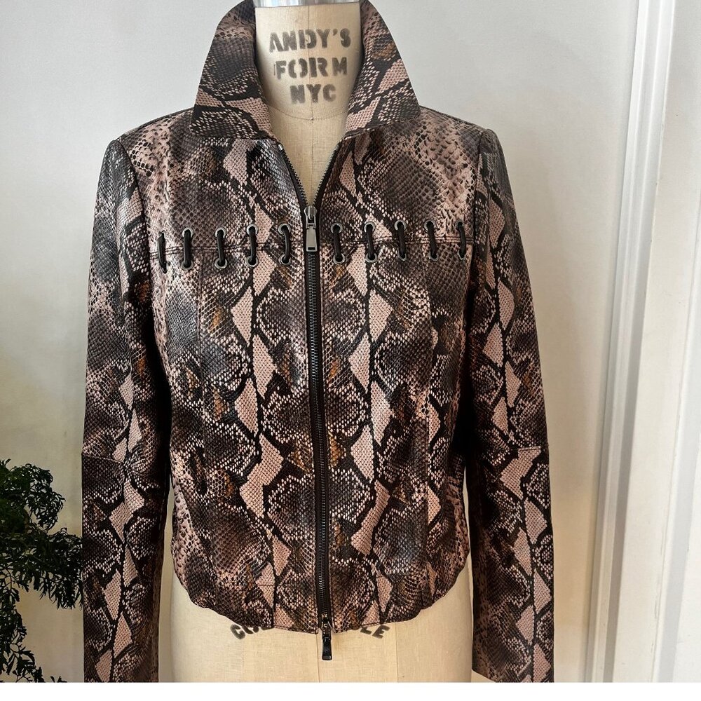 Worth Cropped Leather Python Print Jacket With Le… - image 1